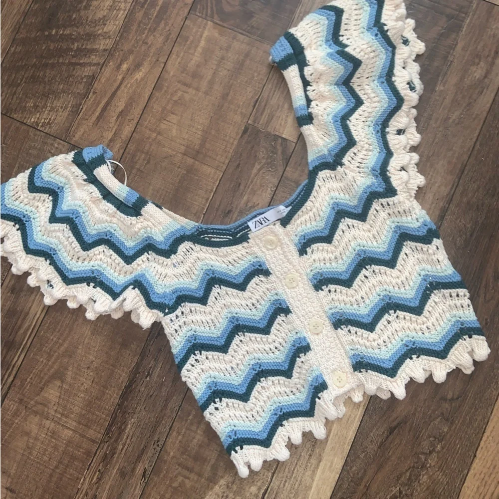 Zara Crochet Top S $78 boho blue cream printed fall boho casual  cowgirl crop